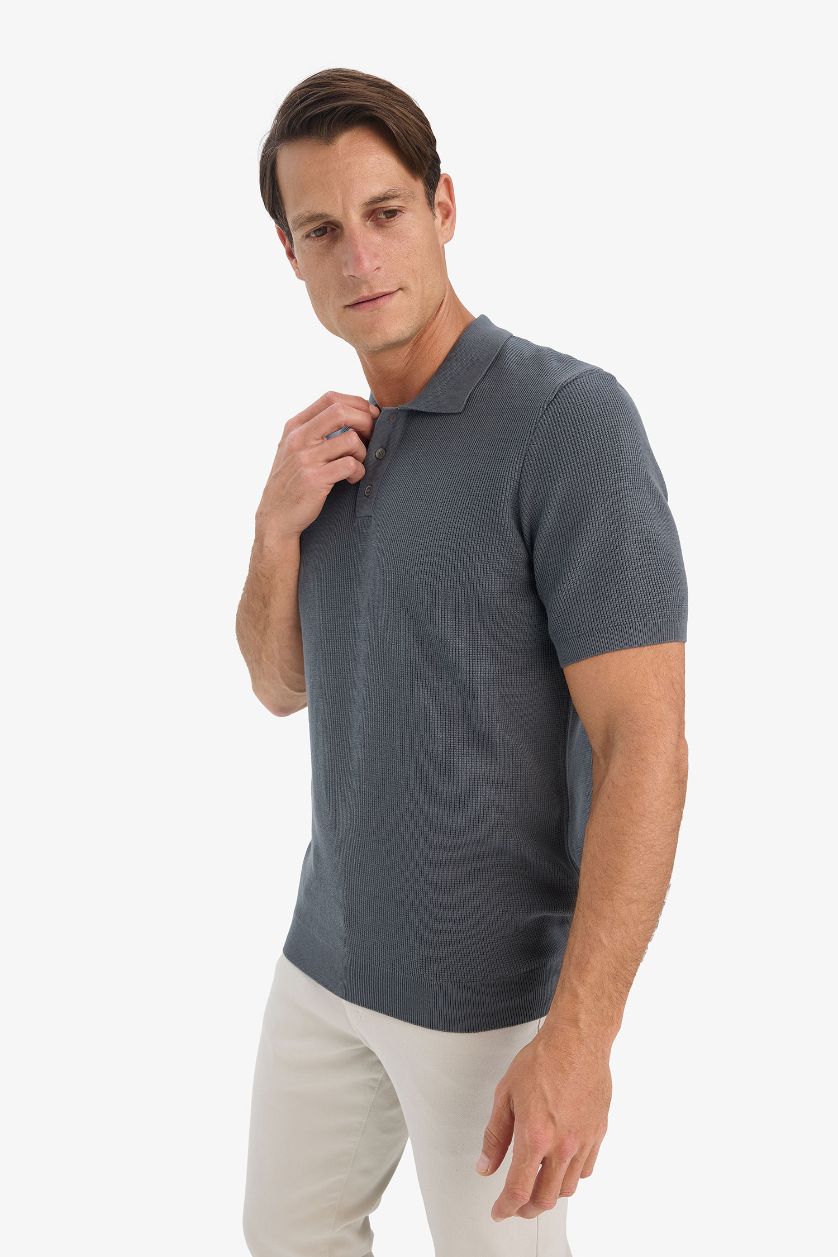 Man Anthracite Standard Fit Short Sleeve Knitwear Cotton Polo T-Shirt