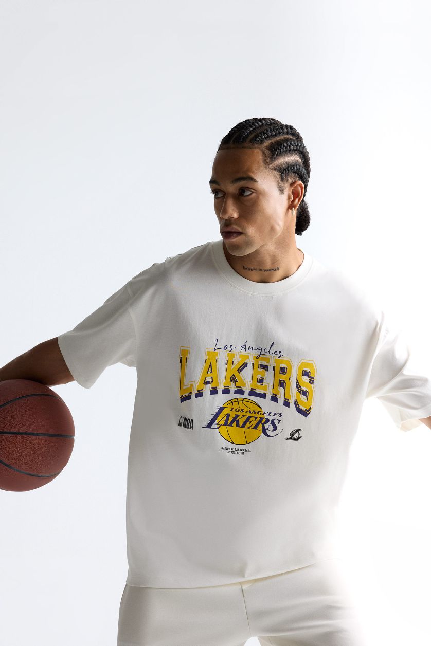 HOMME Écru T-shirt NBA Los Angeles Lakers oversize en coton à col rond