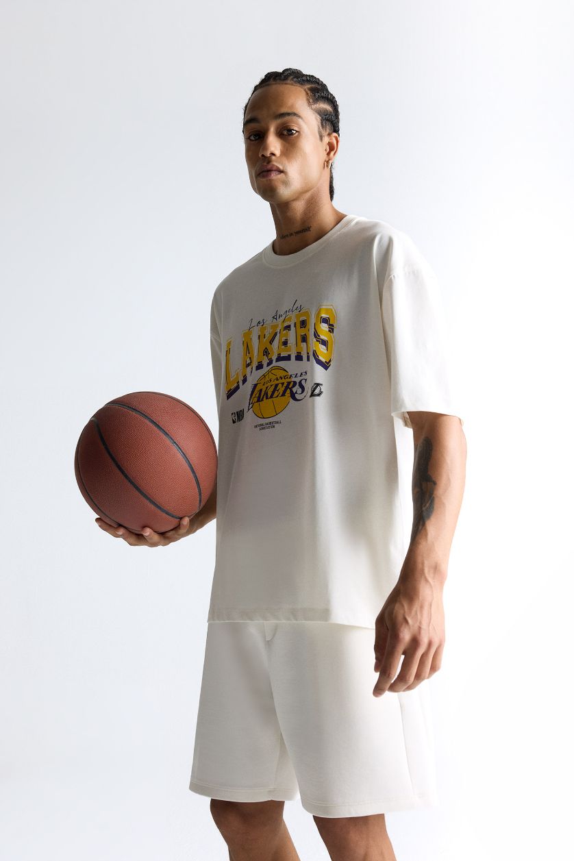HOMME Écru T-shirt NBA Los Angeles Lakers oversize en coton à col rond