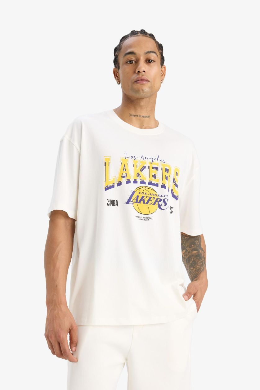 HOMME Écru T-shirt NBA Los Angeles Lakers oversize en coton à col rond