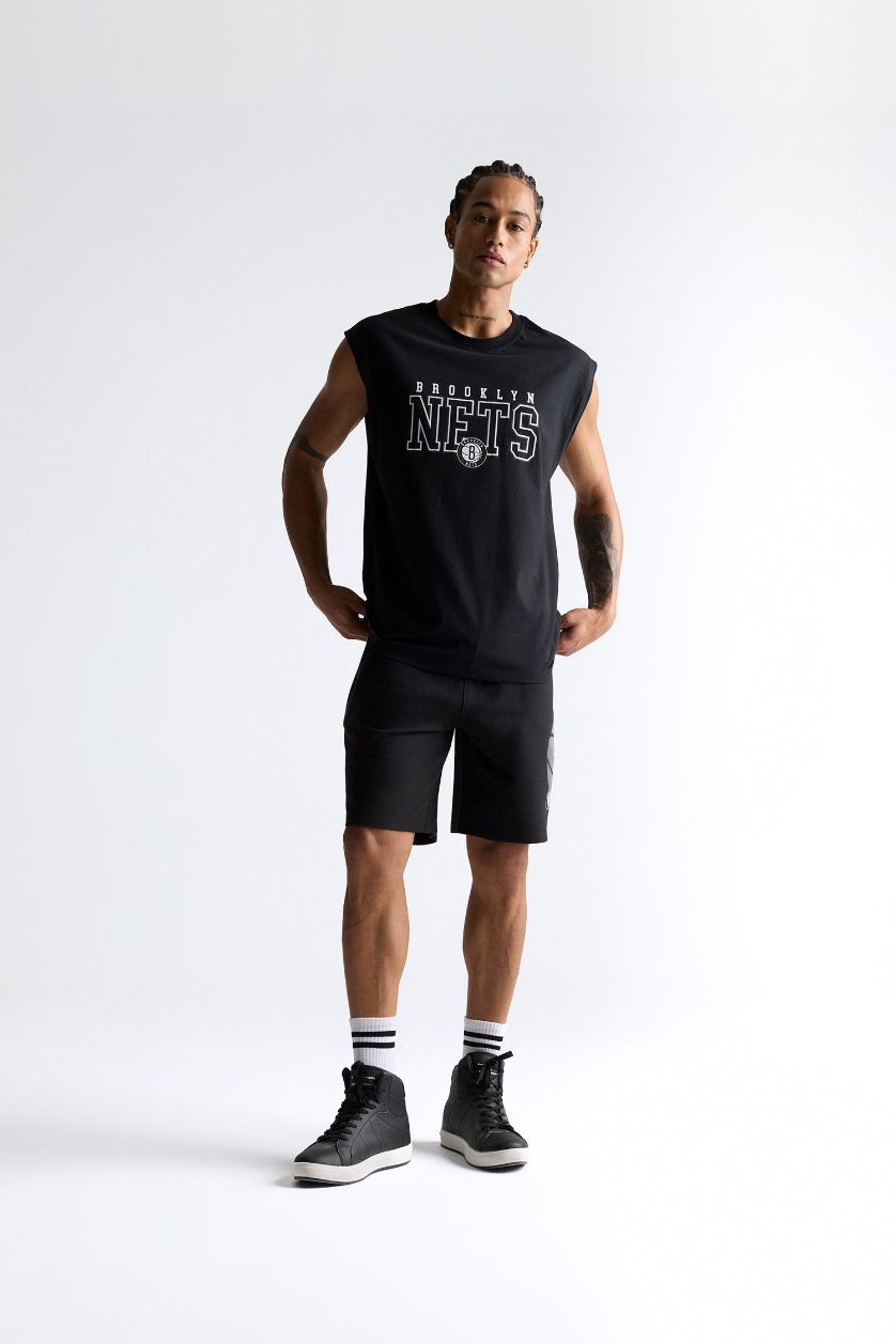 Erkek Siyah NBA Brooklyn Nets Standart Fit Kısa Paça Şort