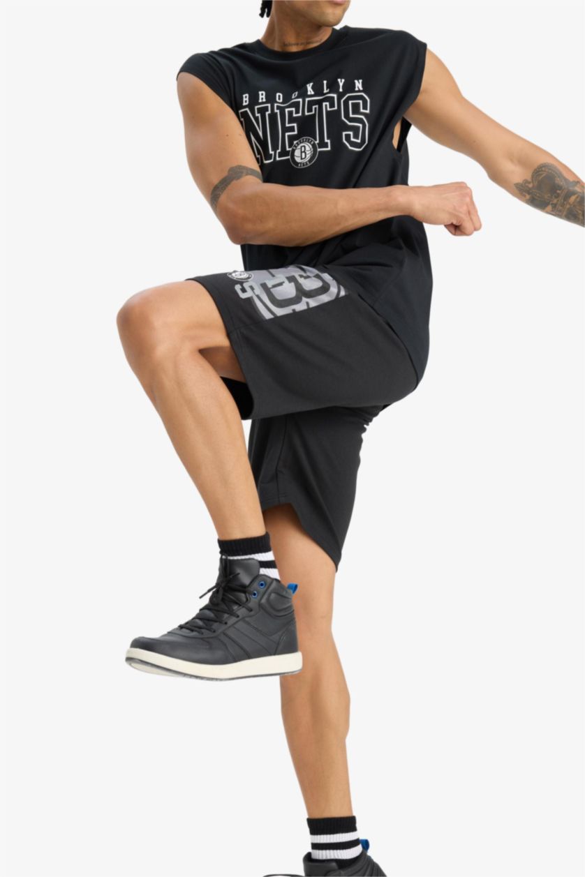 Erkek Siyah NBA Brooklyn Nets Standart Fit Kısa Paça Şort