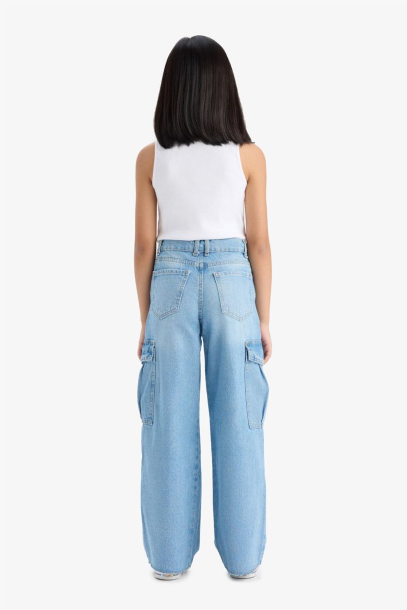 بناتي أزرق فاتح بنطلون جينز كارجو بناتي برجل واسع وجيب أزرق فاتح