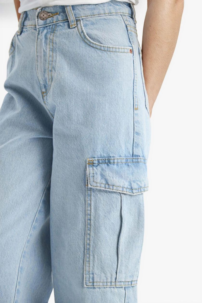 Kız Çocuk - Genç Kız Buz Mavi Wide Leg Kargo Geniş Paça Jean Pantolon Kız Çocuk