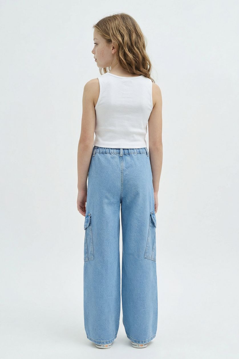 بناتي أزرق بنطلون جينز قطن كارجو بناتي برجل واسع وجيب