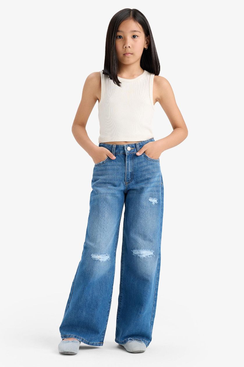 Kız Çocuk - Genç Kız Mavi Wıde Leg Yırtık Detaylı Geniş Paça Jean Pantolon Kız Çocuk