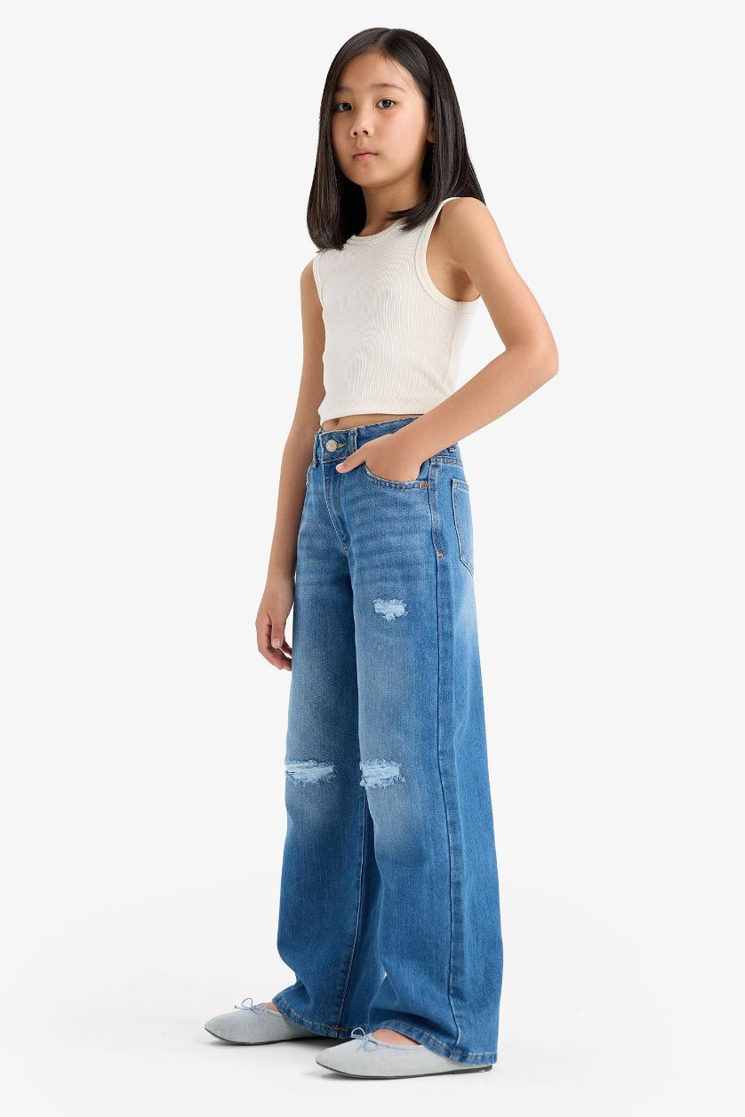 Kız Çocuk - Genç Kız Mavi Wıde Leg Yırtık Detaylı Geniş Paça Jean Pantolon Kız Çocuk