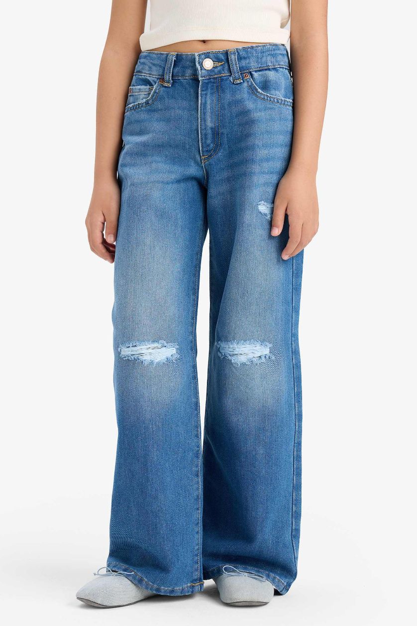 Kız Çocuk - Genç Kız Mavi Wıde Leg Yırtık Detaylı Geniş Paça Jean Pantolon Kız Çocuk