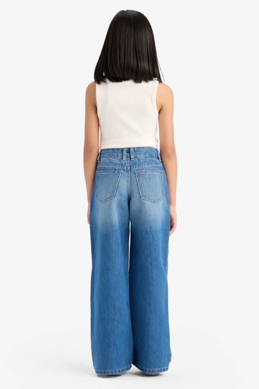 Kız Çocuk - Genç Kız Mavi Wıde Leg Yırtık Detaylı Geniş Paça Jean Pantolon Kız Çocuk