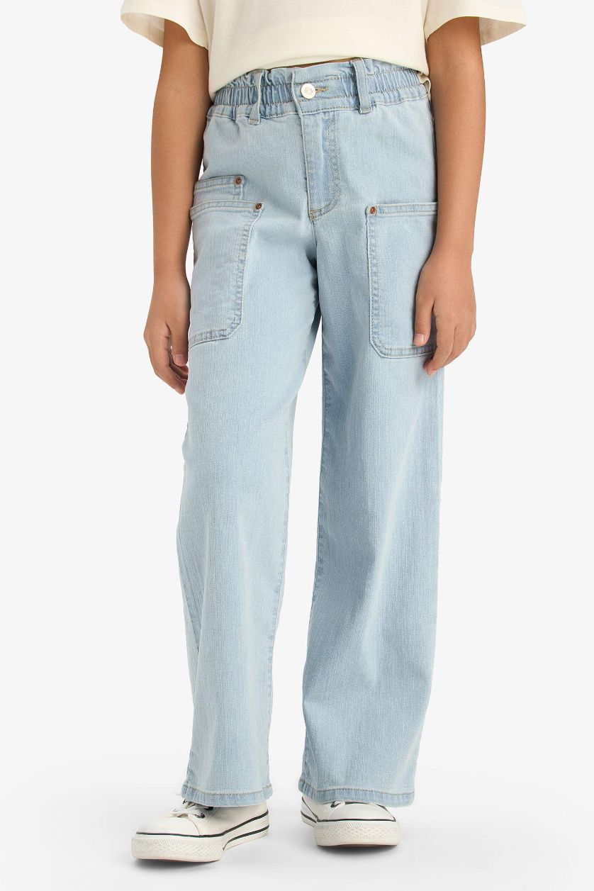 بناتي أزرق ثلجي بنطلون جينز بناتي كارجو برجل واسع بجيب