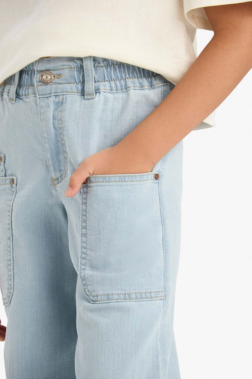 بناتي أزرق ثلجي بنطلون جينز بناتي كارجو برجل واسع بجيب