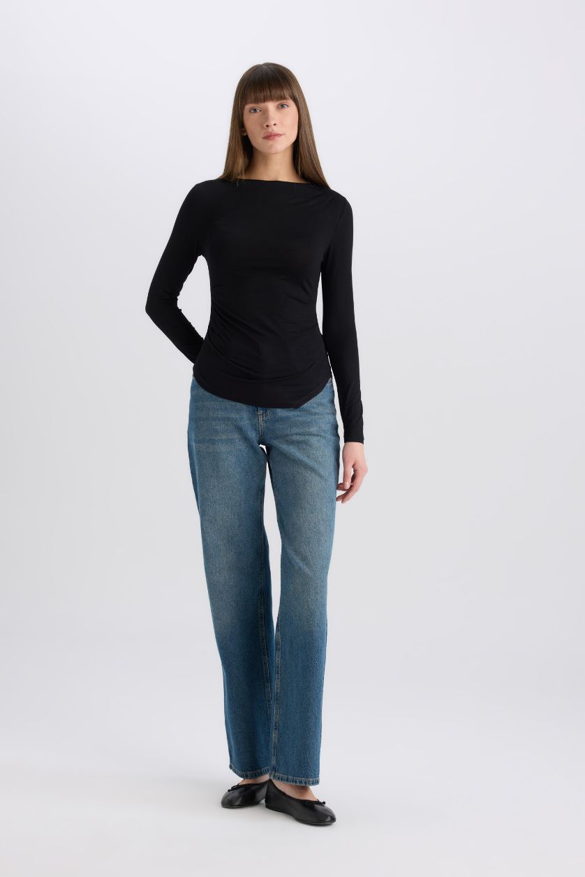 Kadın Siyah Slim Fit Dar Kesim Bisiklet Yaka Basic Düz Soft Touch Uzun Kollu Tişört