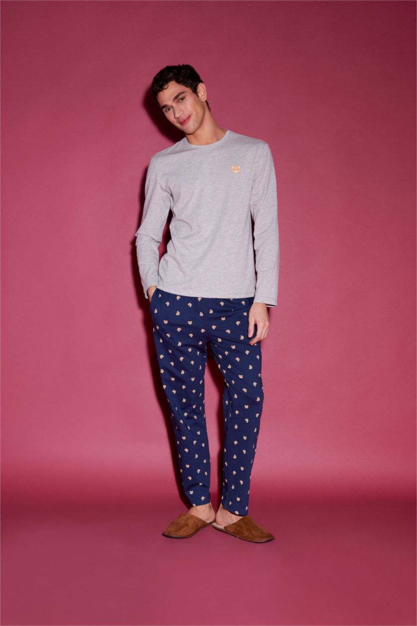 Erkek Gri Melanj Pijama Takımı Baskılı Uzun Kollu Üst Beli Lastikli Uzun Alt