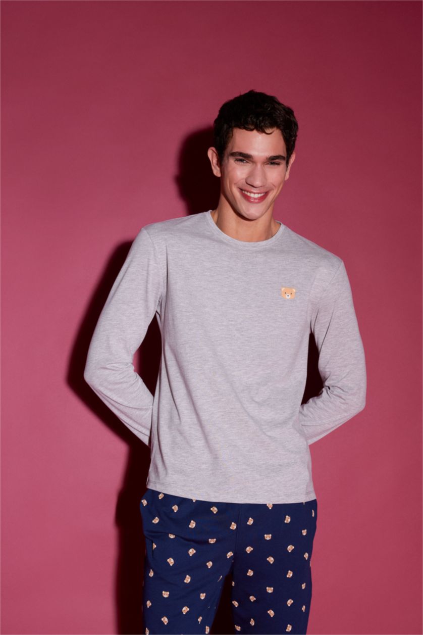 Erkek Gri Melanj Pijama Takımı Baskılı Uzun Kollu Üst Beli Lastikli Uzun Alt