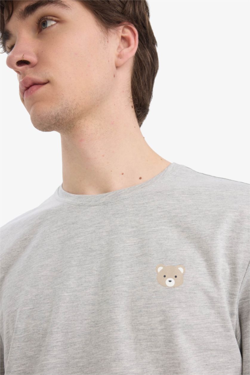 Erkek Gri Melanj Pijama Takımı Baskılı Uzun Kollu Üst Beli Lastikli Uzun Alt