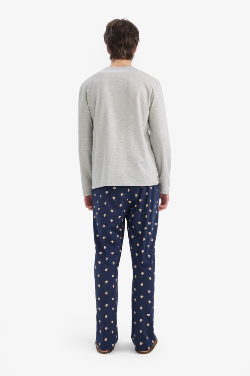 Erkek Gri Melanj Pijama Takımı Baskılı Uzun Kollu Üst Beli Lastikli Uzun Alt