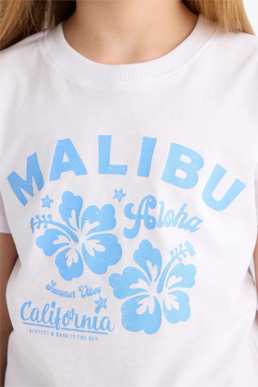 Kız Çocuk - Genç Kız Beyaz Relax Fit Bisiklet Yaka Baskılı Kısa Kollu Tişört Kız Çocuk