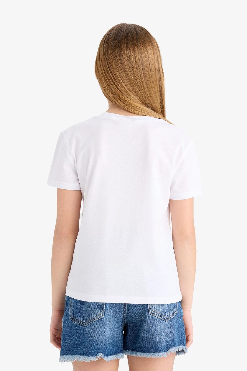 Kız Çocuk - Genç Kız Beyaz Relax Fit Bisiklet Yaka Baskılı Kısa Kollu Tişört Kız Çocuk