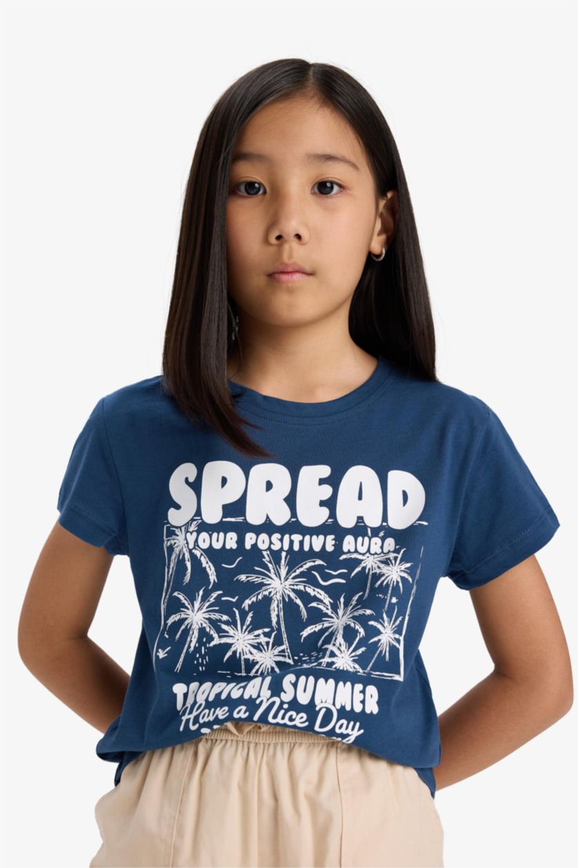 FILLES Indigo T-shirt imprimé à manches courtes et col rond pour fille