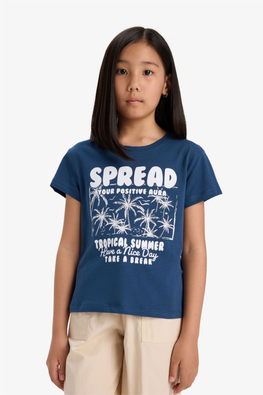 FILLES Indigo T-shirt imprimé à manches courtes et col rond pour fille