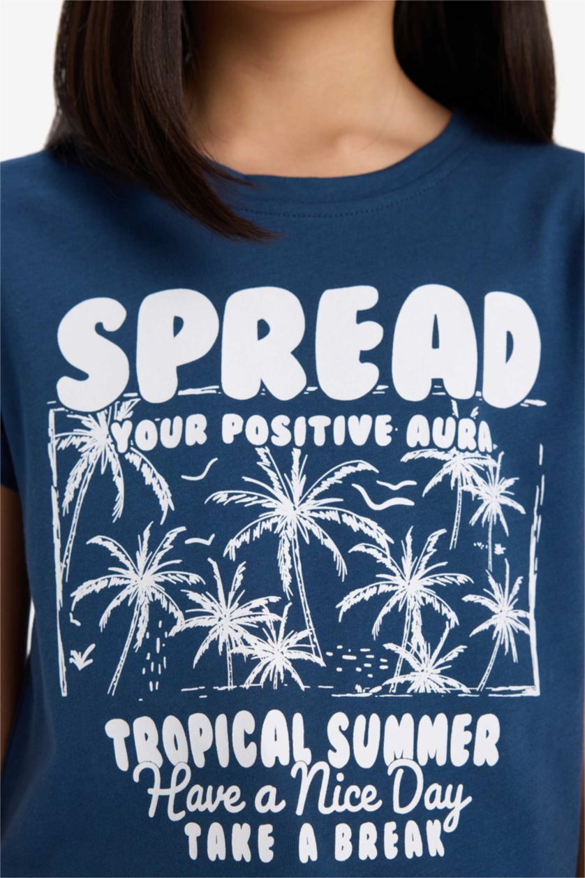 FILLES Indigo T-shirt imprimé à manches courtes et col rond pour fille