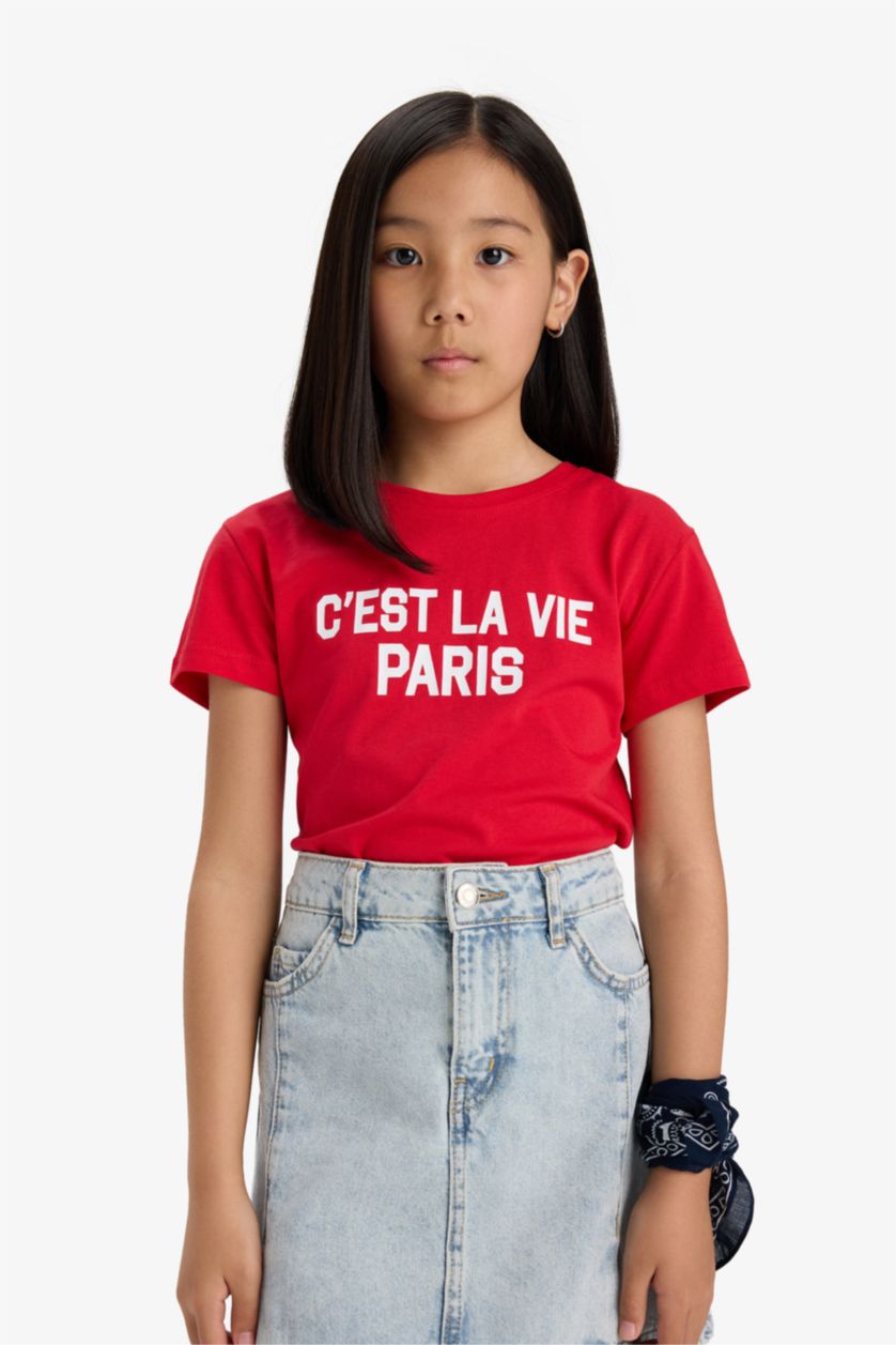 Girls & Teens Red Girl Regular Fit Crew Neck Slogan Printed T-Shirt