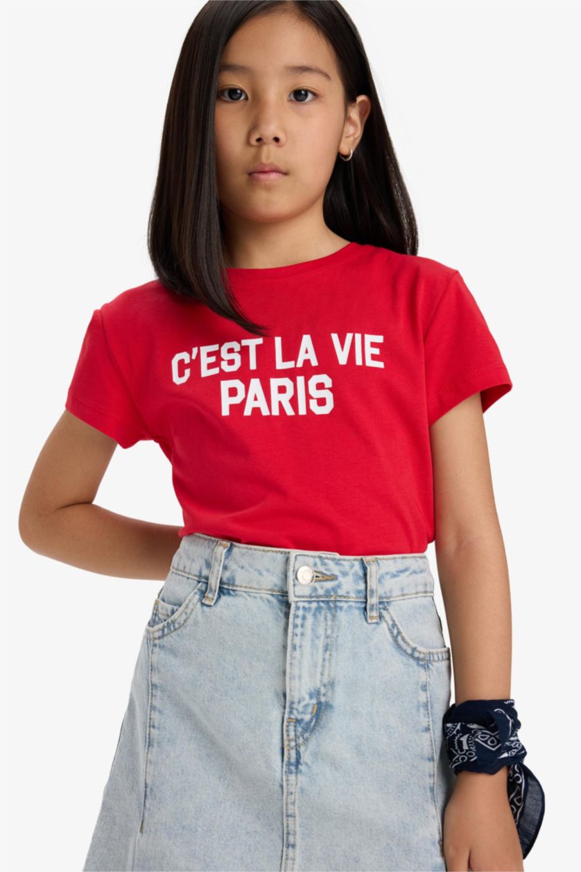 Girls & Teens Red Girl Regular Fit Crew Neck Slogan Printed T-Shirt