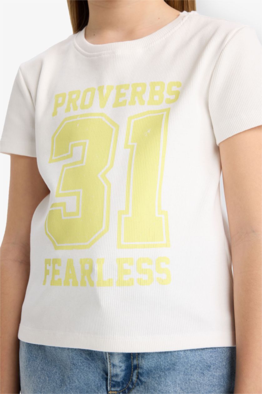 Kız Çocuk - Genç Kız Kırık Beyaz Slim Fit Dar Kesim Bisiklet Yaka Baskılı Kısa Kollu Tişört Kız Çocuk