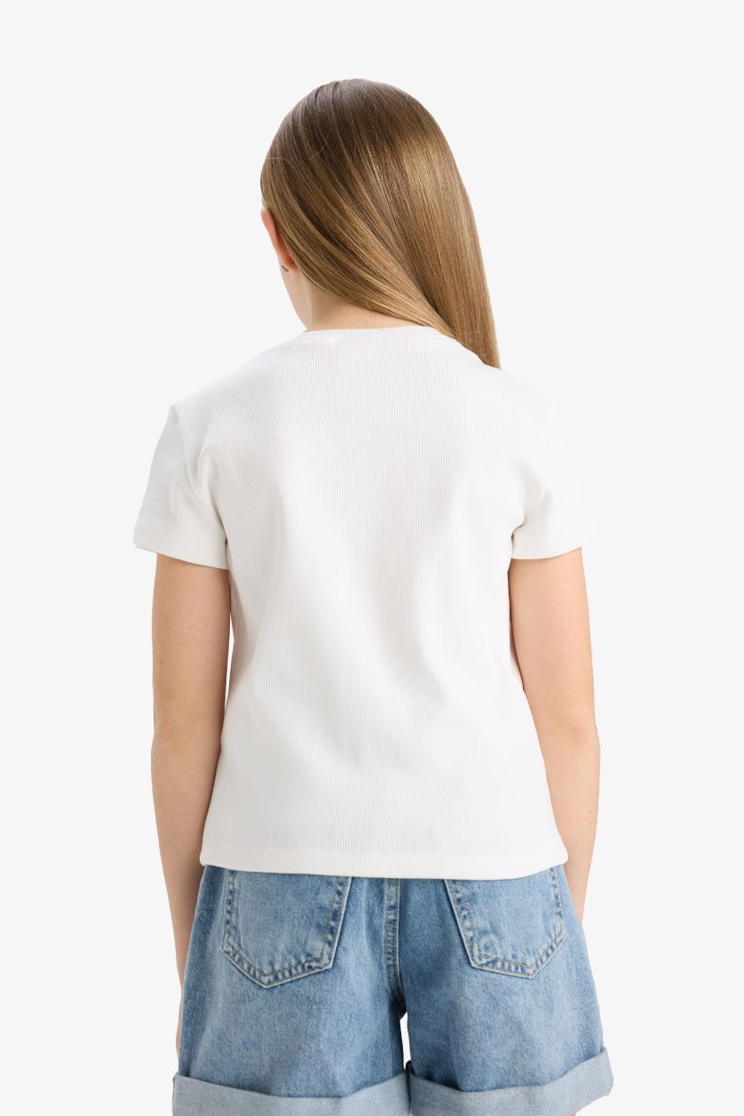 Kız Çocuk - Genç Kız Kırık Beyaz Slim Fit Dar Kesim Bisiklet Yaka Baskılı Kısa Kollu Tişört Kız Çocuk