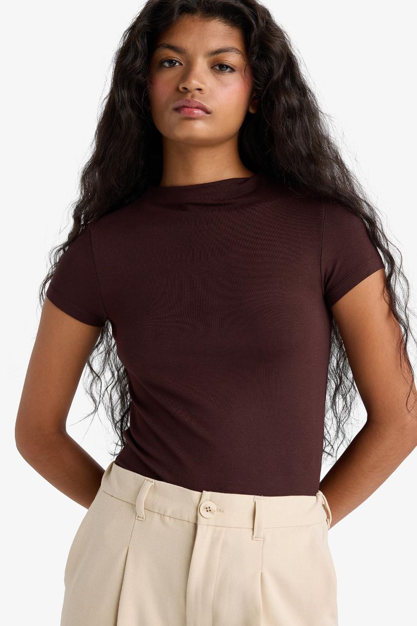 WOMAN Brown Slim Fit Half Turtleneck Short Sleeve T-Shirt