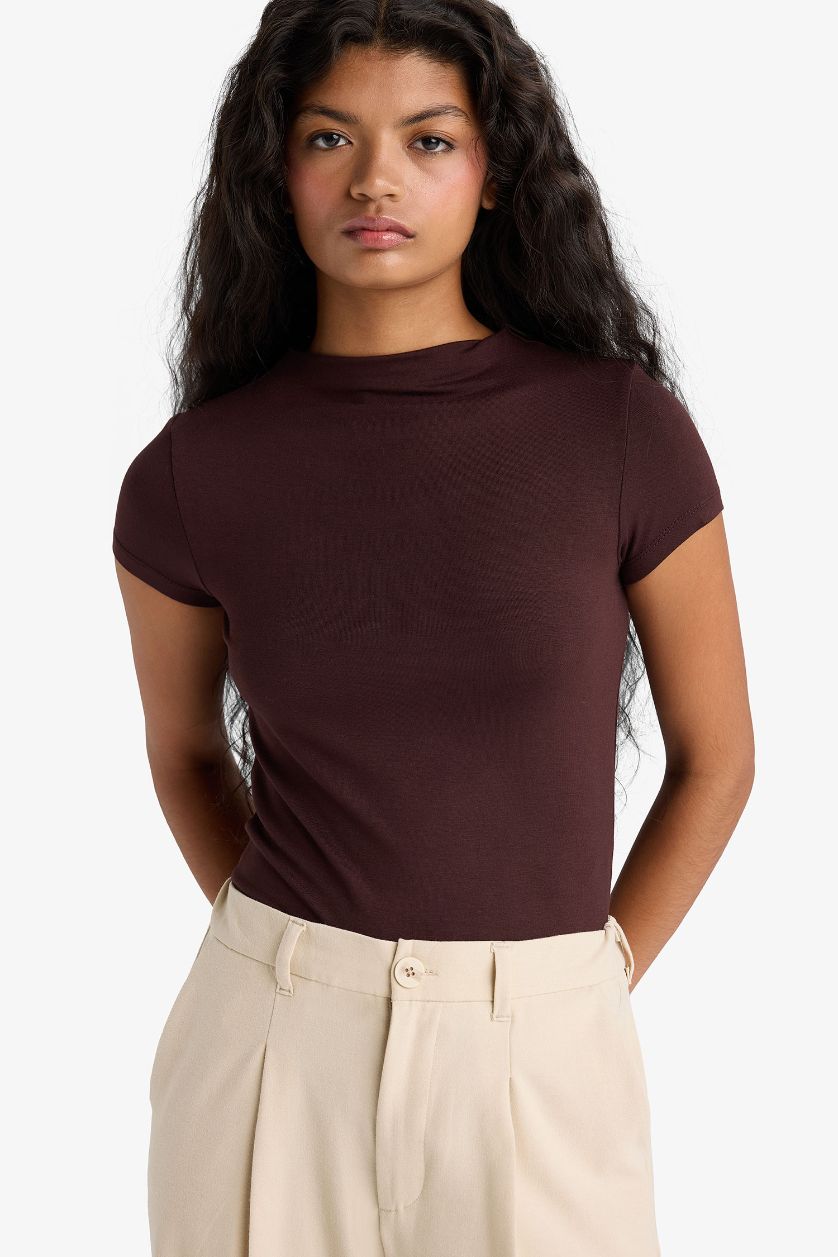 WOMAN Brown Slim Fit Half Turtleneck Short Sleeve T-Shirt
