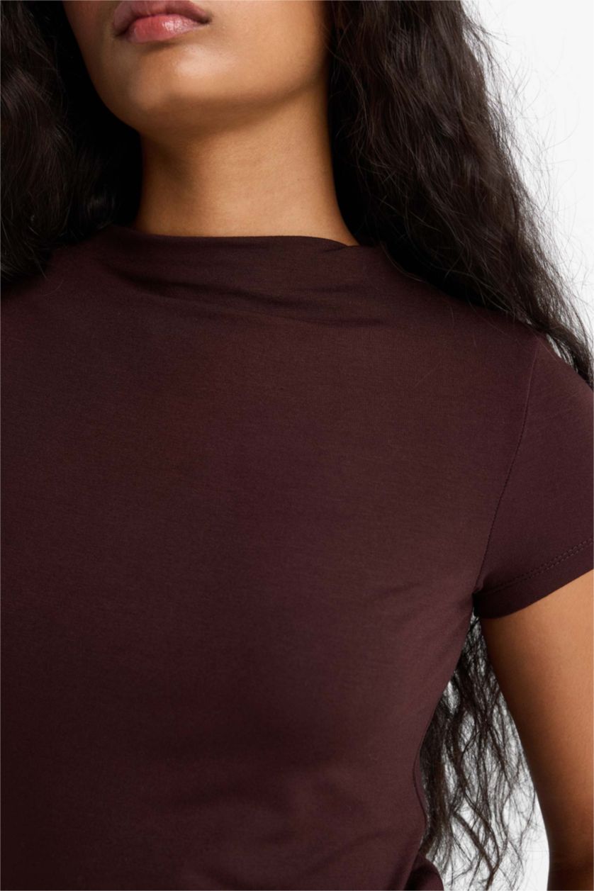 WOMAN Brown Slim Fit Half Turtleneck Short Sleeve T-Shirt