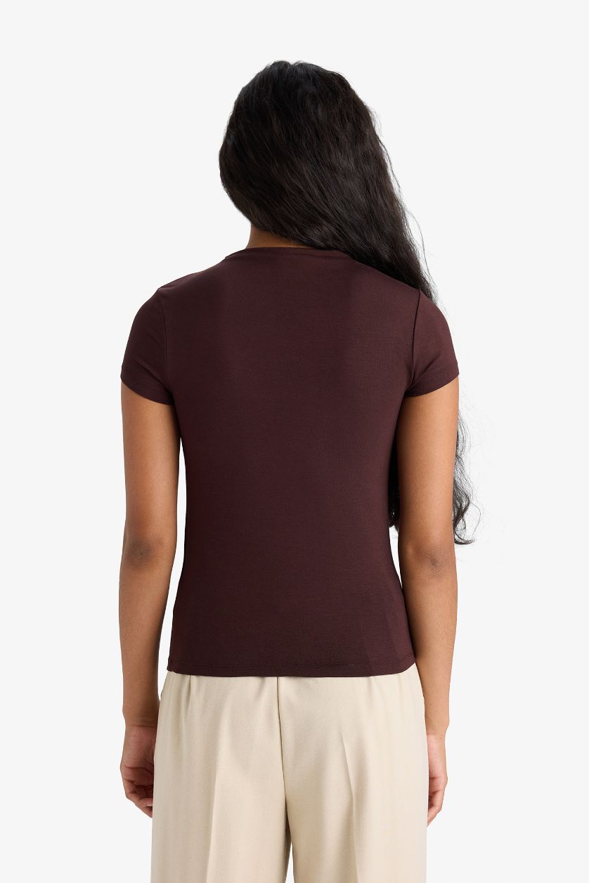 WOMAN Brown Slim Fit Half Turtleneck Short Sleeve T-Shirt