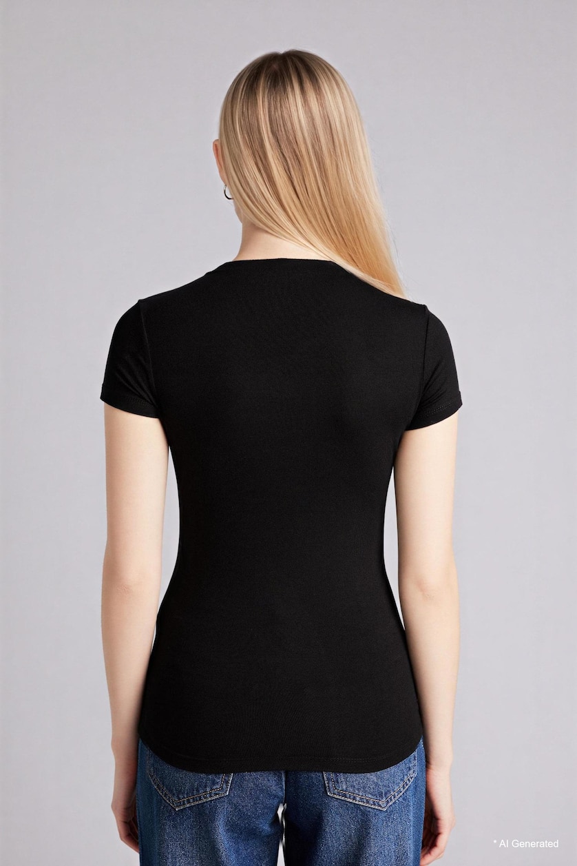 Әйелдерге қара Slim Fit жартылай водолазка жағалы қысқа жеңді футболка