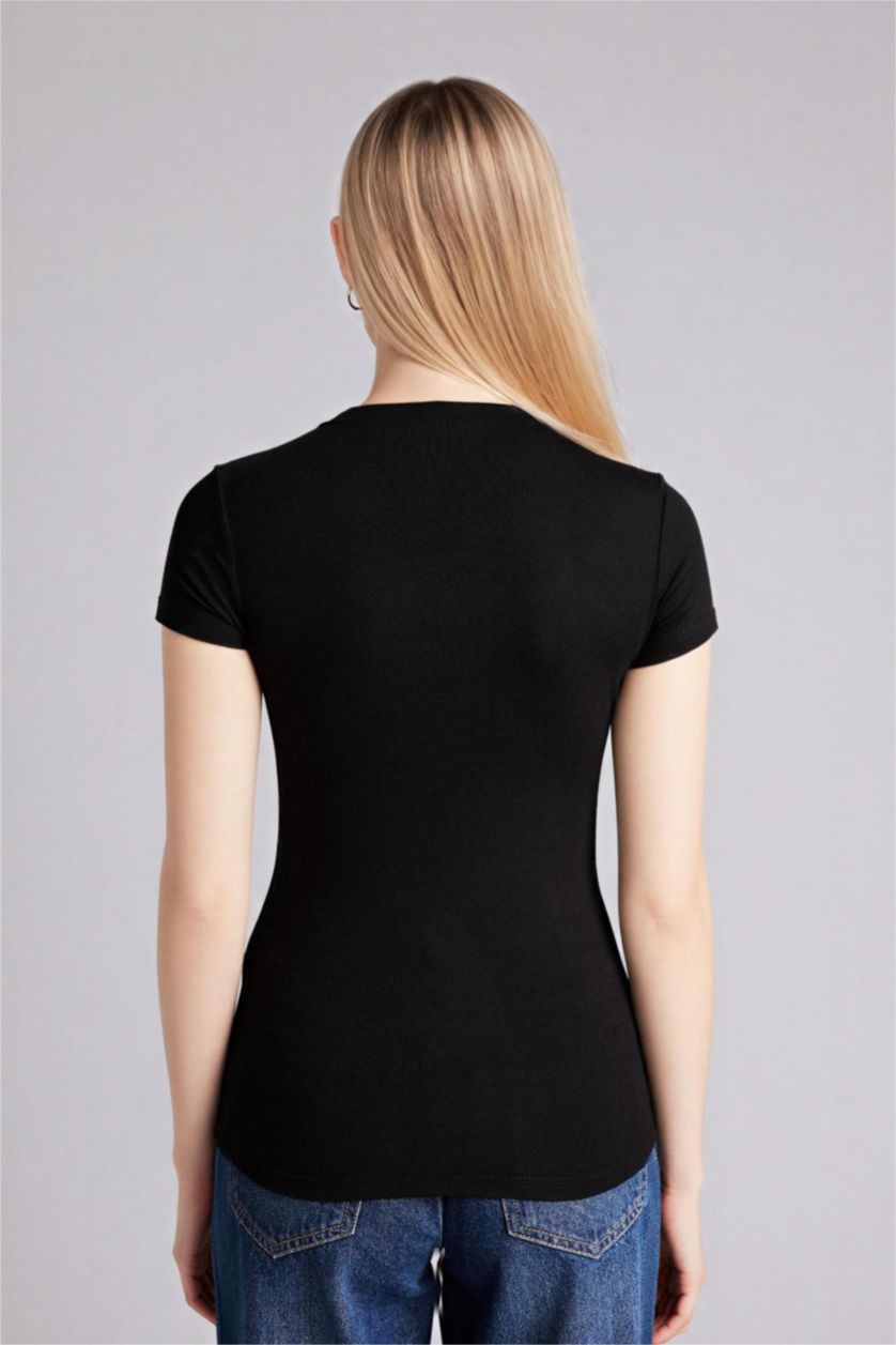 Woman Black Slim Fit Half Turtleneck T-Shirt