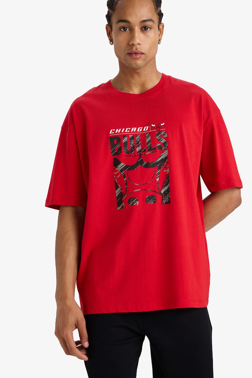 Erkek Kırmızı %100 Pamuk NBA Chicago Bulls Oversize Geniş Kalıp Bisiklet Yaka Kısa Kollu Tişört