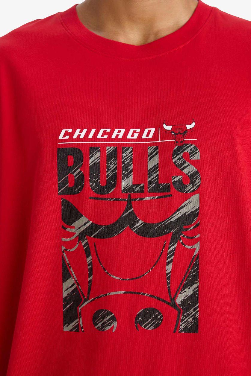 Erkek Kırmızı %100 Pamuk NBA Chicago Bulls Oversize Geniş Kalıp Bisiklet Yaka Kısa Kollu Tişört