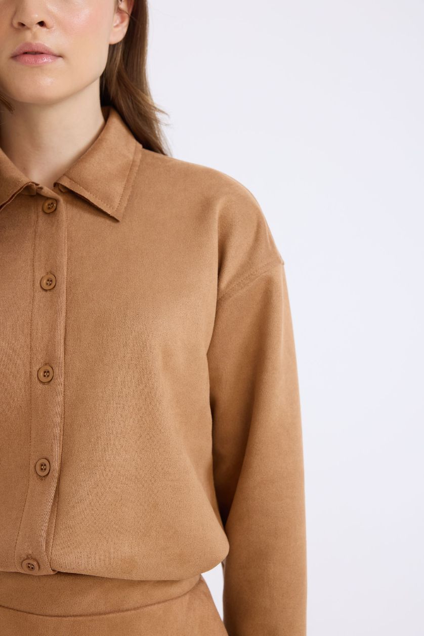 Kadın Vizon Regular Fit Süet Uzun Kollu Gömlek Tunik