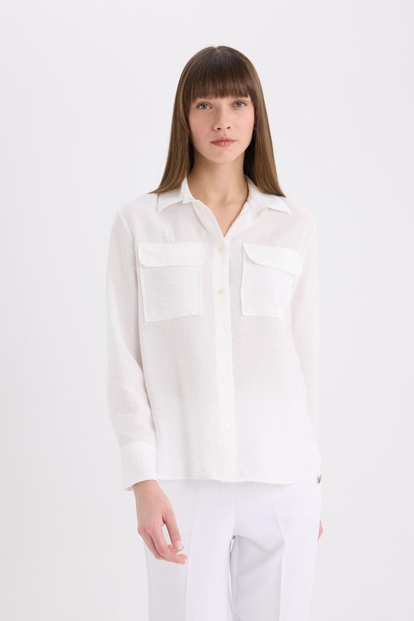 نساء بيج فاتح قميص كم طويل قصة عادية بياقة قميص