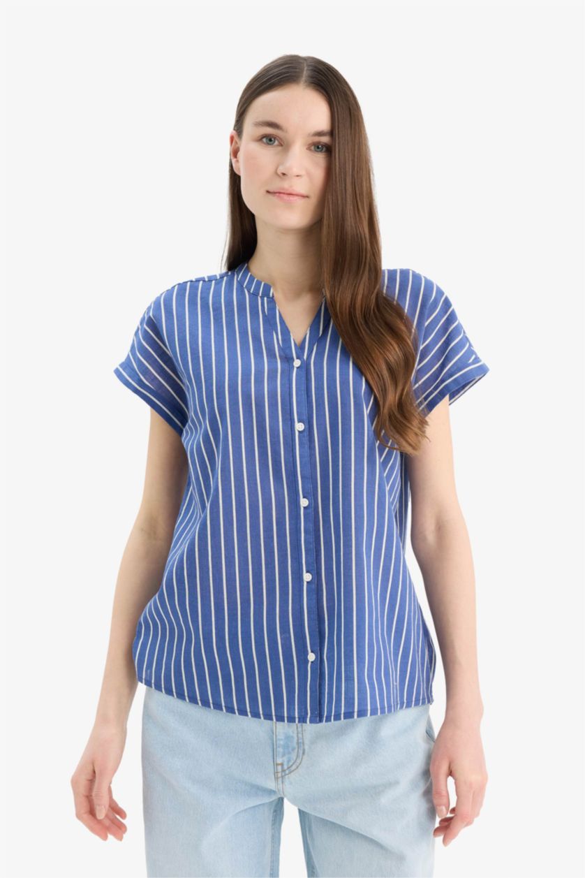 WOMAN Indigo Regular Fit Crew Neck Short Sleeve Shirt