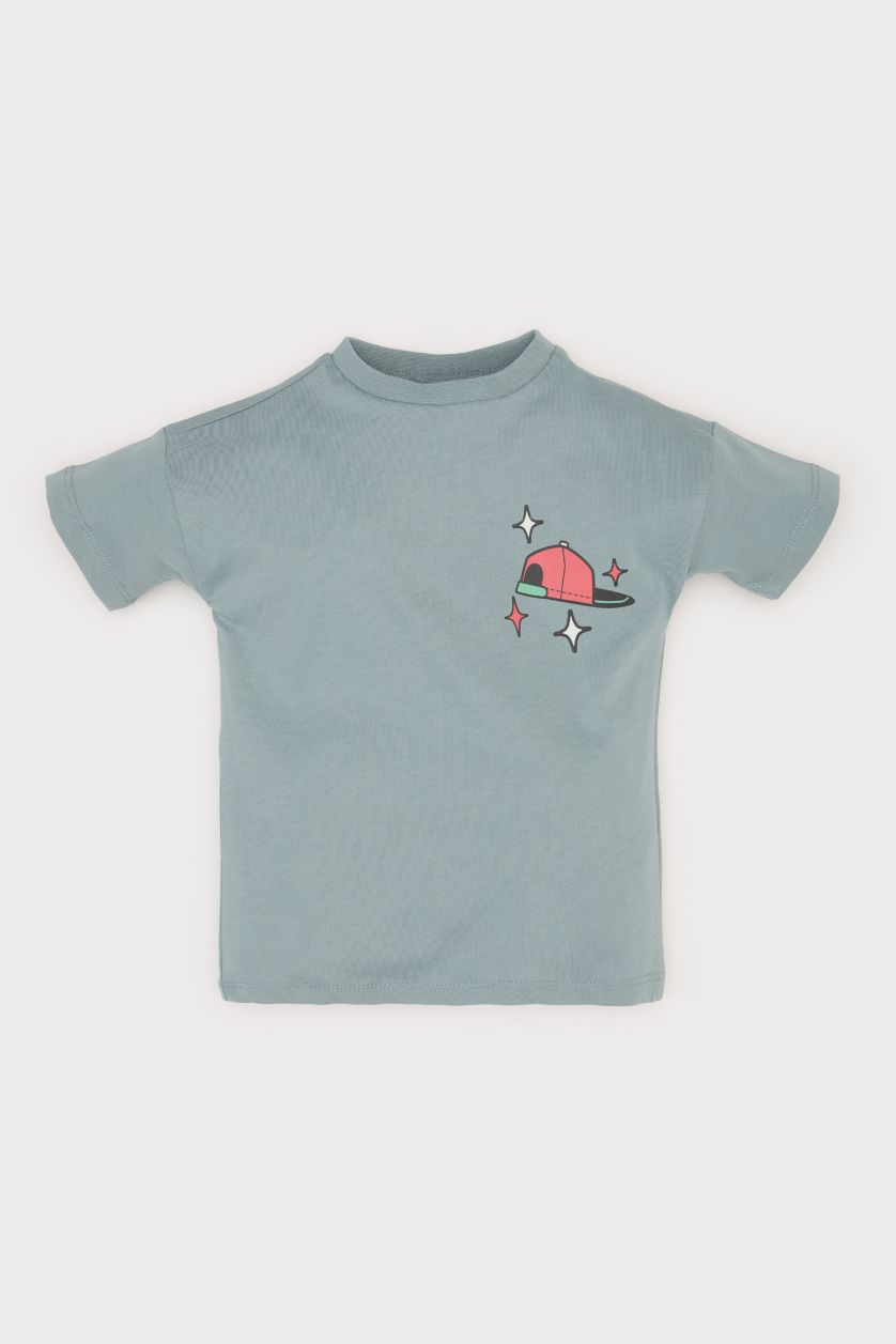 Erkek Bebek Mat Mavi Bisiklet Yaka Baskılı Kısa Kollu Tişört Erkek Bebek