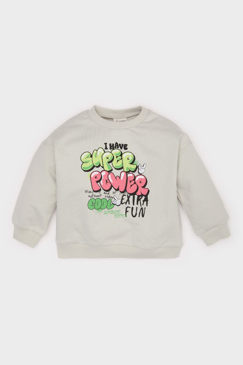 Erkek Bebek Açık Gri Bisiklet Yaka Baskılı Sweatshirt Erkek Bebek