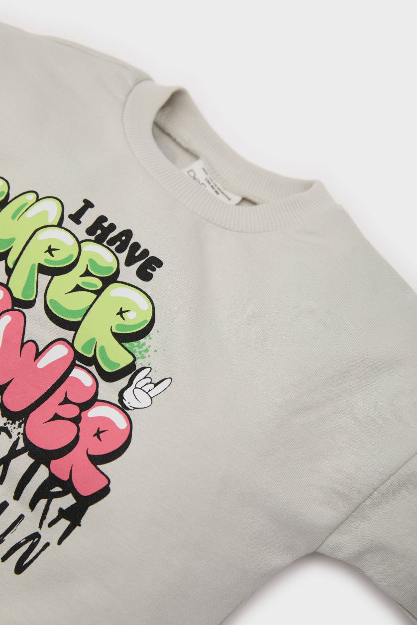 Erkek Bebek Açık Gri Bisiklet Yaka Baskılı Sweatshirt Erkek Bebek