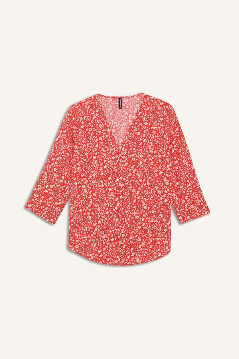 Kadın Kırmızı Regular Fit Desenli V Yaka Yarım Kollu Gömlek