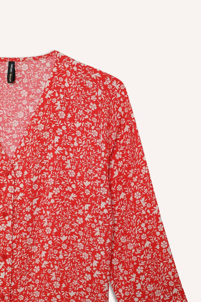 Kadın Kırmızı Regular Fit Desenli V Yaka Yarım Kollu Gömlek