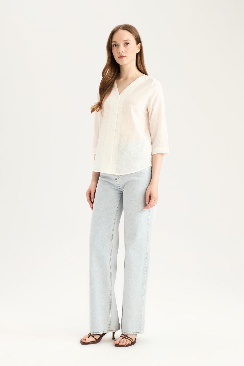 نساء اوف وايت قميص كم طويل من قطن قصة عادية