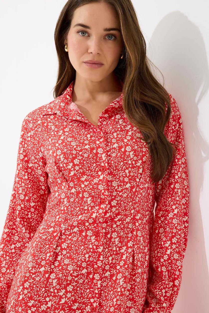 Kadın Kırmızı Gömlek Yaka Çiçek Desenli Uzun Kollu Midi Elbise