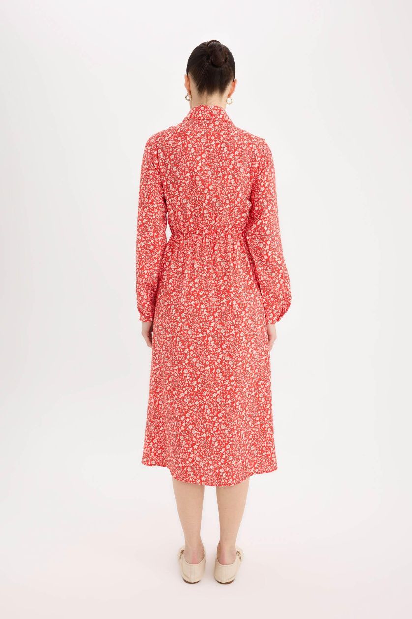 Kadın Kırmızı Gömlek Yaka Çiçek Desenli Uzun Kollu Midi Elbise