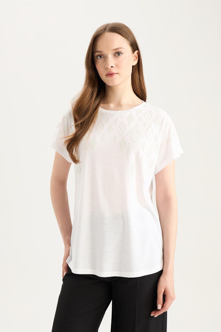 FEMME Blanc T-shirt blanc basique à col rond et manches courtes