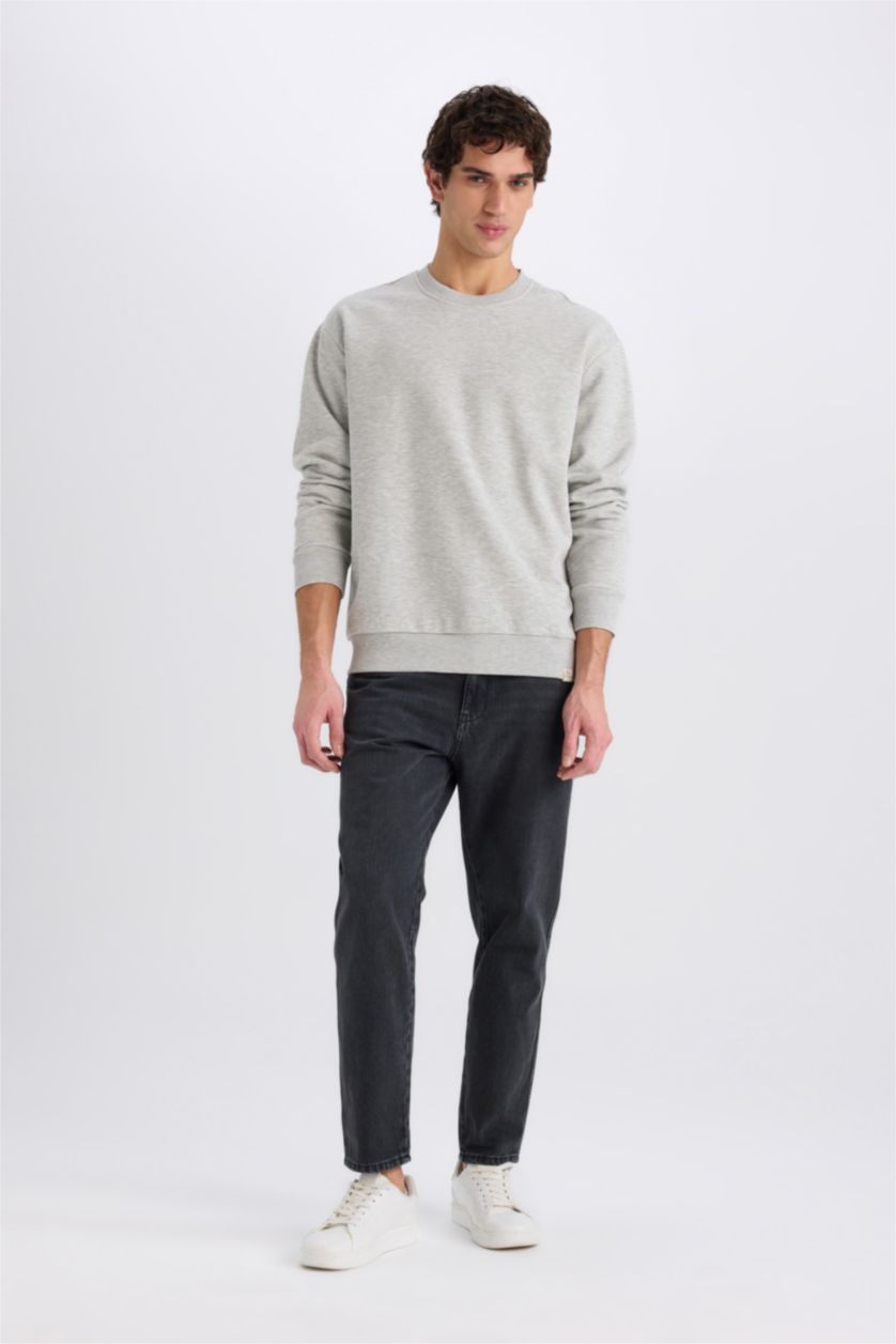 Man Grey Melange Oversize Fit Crew Neck Thick Basic Sweatshirt